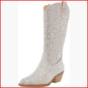 Rhinestone Cowboy Boots Wide Calf Sparkly Knee High Chunky Heel